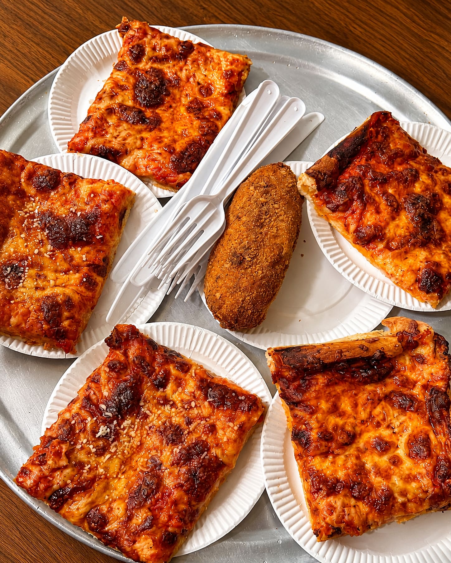 Squares of Sicilian pizza on paper plates on a steel counter, with a panzarotto and a handful of plastic forks between them.